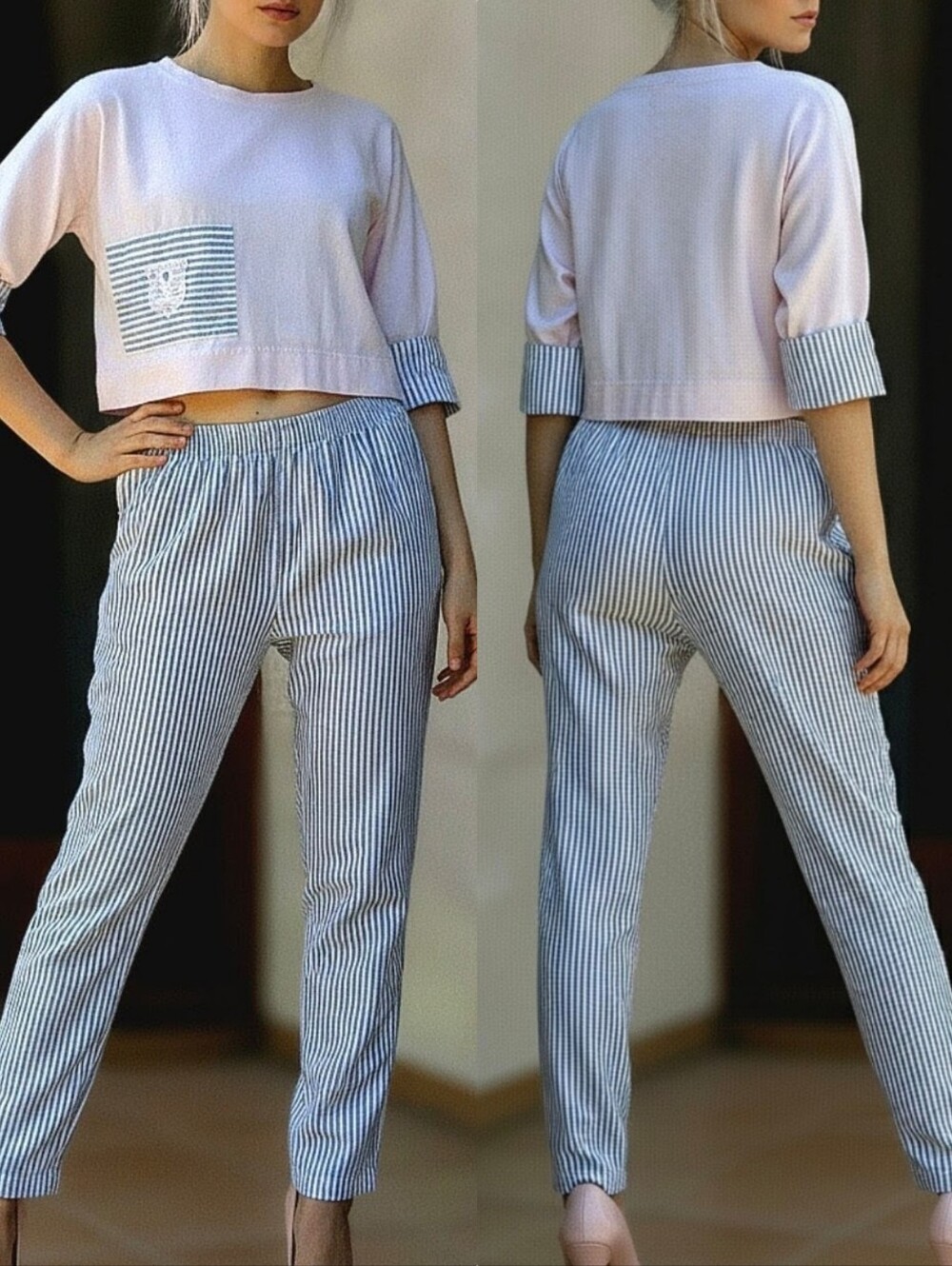 Vtg 80s Byer CA pink blue striped crop shirt matching cottagecore pant set M/L